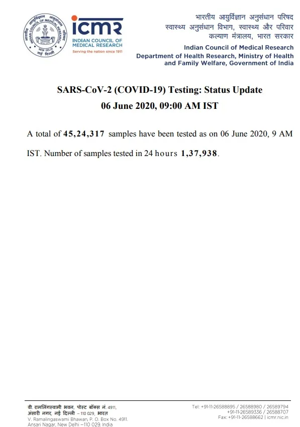 45.24 lakhs samples tested icmr 